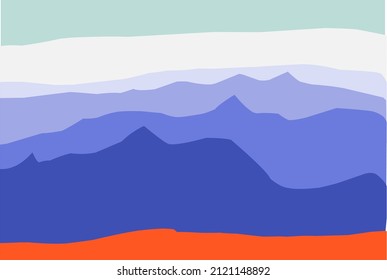 Gebirge im Plakatdesign. Landschaftshintergrund im Bannerstil. Geometrisches Template mit starker Form. Abstrakte Vektorkunst.