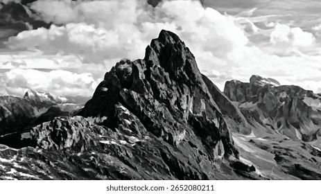 Mountains in the prairies of South America. Oil painting on canvas in grayscale.