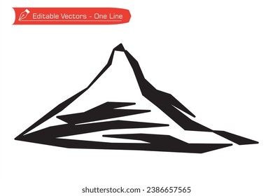 Mountains premium icon black and white - Straight line art. Silhouette of Matterhorn mountain in Switzerland. Vector illustration of Matterhorn mountain above an Alpine stream. Alps.