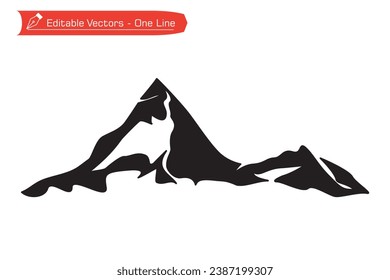 Mountains premium icon black and white. Silhouette drawing of majestic Matterhorn mountain. Vector illustration of Matterhorn mountain above Alpine stream, located between Switzerland and Italy.
