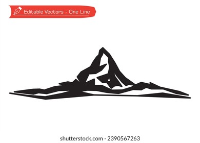 Mountains premium icon. Black and white hiking symbol. Straight line art of majestic Matterhorn mountain silhouette. Vector illustration of Matterhorn mountain silwet.