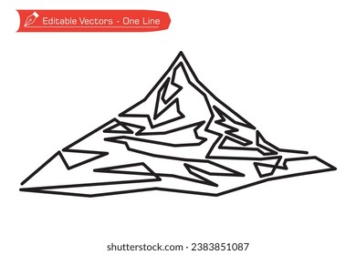 Mountains Premium Icon - Linear straight line art. One continuous line drawing of remote Matterhorn mountain in Switzerland. Vector illustration of Matterhorn mountain above an Alpine stream. Alps.