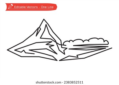 Mountains Premium Icon - Linear straight line art. One continuous line drawing of remote Matterhorn foggy mountain in Switzerland. Vector illustration of Matterhorn mountain above an Alpine stream.