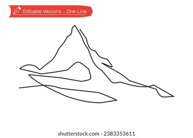 Mountains Premium Icon. One continuous line drawing of remote Matterhorn mountain in Switzerland. 
Vector illustration of Matterhorn mountain above an Alpine stream. Alps, Pennine Alps.