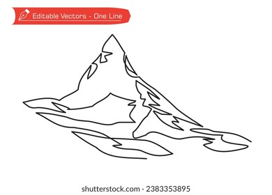 Mountains Premium Icon. One continuous line drawing of remote Matterhorn mountain in Switzerland. 
Vector illustration of Matterhorn mountain above an Alpine stream. Alps, Pennine Alps. Editable eps.