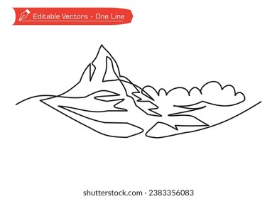 Mountains Premium Icon. One continuous line drawing of remote Matterhorn mountain in Switzerland in foggy winter. Vector illustration of Matterhorn mountain above an Alpine stream. Alps, Pennine Alp.