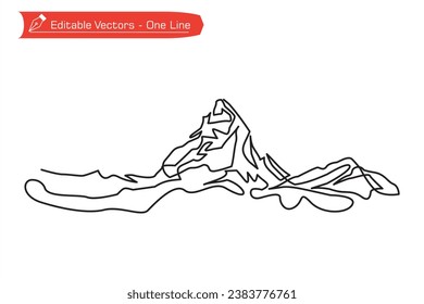 Mountains premium icon. One continuous line drawing of majestic Matterhorn mountain. Vector illustration of Matterhorn mountain above Alpine stream, located between Switzerland and Italy. 