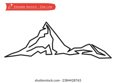 Mountains premium icon. One continuous straight line art drawing of majestic Matterhorn mountain. Vector illustration of Matterhorn mountain above Alpine stream, Switzerland.