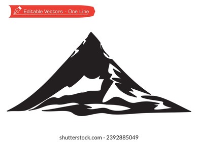 Mountains Premium Icon. One continuous line drawing of remote Matterhorn mountain in Switzerland. Vector illustration of Matterhorn mountain above an Alpine stream. Alps, Pennine Alps,
European alps.