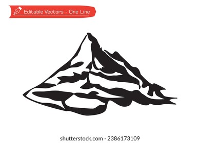 Mountains Premium Icon. Silhouette continuous line of Matterhorn is visible from Rothorn summit station. Swiss Alps, Valais, Switzerland. Vector illustration of Matterhorn Alps silhouette.