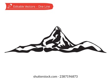 Mountains premium icon. Silhouette of continuous line drawing of majestic Matterhorn mountain. Vector illustration of Matterhorn mountain above Alpine stream, located between Switzerland and Italy.
