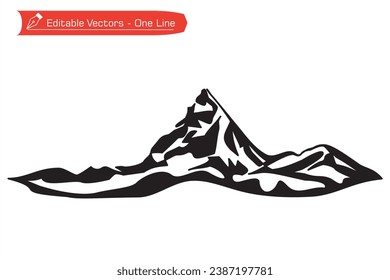 Mountains premium icon. Silhouette of continuous line drawing of majestic Matterhorn mountain. Black and white vector illustration of Matterhorn mountain above Alpine stream, Switzerland -Italy.
