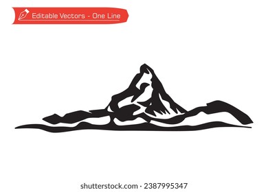 Mountains premium icon. Silhouette of simple line drawing of majestic Matterhorn mountain. Vector illustration of Matterhorn mountain above Alpine stream, located between Switzerland and Italy.
