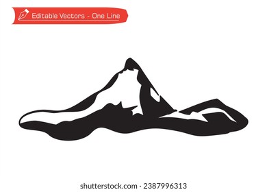 Mountains premium icon. Silhouette of single one line drawing of Matterhorn mountain. Vector illustration of majestic Matterhorn mountain above Alpine stream, located between Switzerland and Italy.