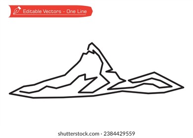 Mountains premium icon. Simple straight line art drawing of majestic Matterhorn mountain. Vector illustration of Matterhorn mountain above Alpine stream, Switzerland.