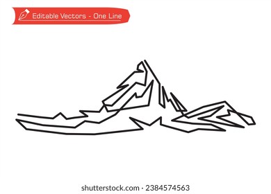 Mountains premium icon. Straight continuous line art drawing of majestic Matterhorn mountain. Vector illustration of Matterhorn mountain above Alpine stream, Switzerland - Italy.