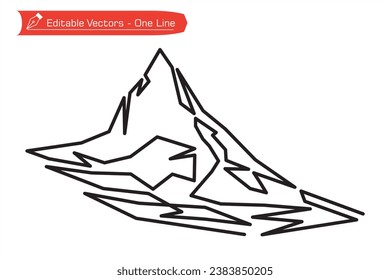 Mountains Premium Icon - Straight line art. One continuous line drawing of remote Matterhorn mountain in Switzerland. Vector illustration of Matterhorn mountain above an Alpine stream. Alps.