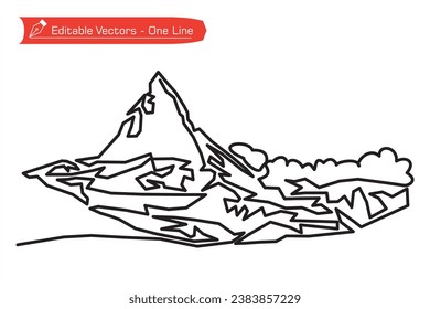 Mountains Premium Icon - Straight line art. One continuous line drawing of remote Matterhorn mountain snowy and foggy in Switzerland. Vector illustration of Matterhorn mountain above Alpine stream.