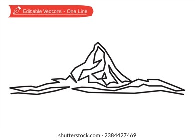 Mountains premium icon. Straight line art of majestic Matterhorn mountain. Vector illustration of Matterhorn mountain above Alpine stream, located between Switzerland and Italy.