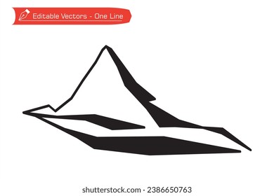 Mountains Premium Icon - Straight line art. One continuous line drawing of remote Matterhorn mountain in Switzerland. Vector illustration of Matterhorn mountain above an Alpine stream. Alps, Pennine.