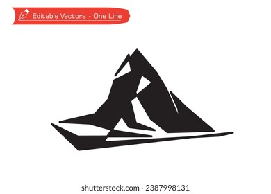 Mountains Premium Icon - Straight line art of remote Matterhorn mountain silhouette in Switzerland. Vector illustration of black and white Matterhorn mountain above an Alpine stream. Alps, Pennine.