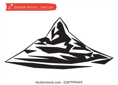 Mountains Premium Icon - Straight line art drawing of remote Matterhorn mountain silhouette in Switzerland. Vector illustration of Matterhorn mountain silhouette above an Alpine stream. Alps, Pennine.