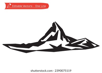 Mountains premium icon. Straight line art of majestic Matterhorn mountain silhouette. Vector illustration of Matterhorn mountain above Alpine stream, located between Switzerland and Italy.