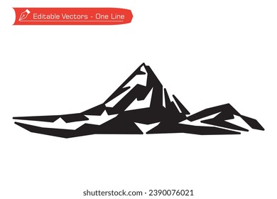 Mountains premium icon. Straight line art of majestic Matterhorn mountain. Vector illustration of Matterhorn mountain silhouette above Alpine stream, located between Switzerland and Italy.