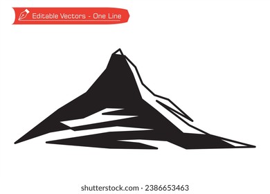 Mountains Premium Icon - Straight simple line art. One continuous line drawing of remote Matterhorn mountain in Switzerland. Vector illustration of Matterhorn mountain - Alpine stream, Alps, Pennine.