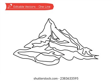 Mountains Premium Icons. One continuous line of Matterhorn is visible from Rothorn summit station. Swiss Alps, Valais, Switzerland. Vector illustration of Swiss Matterhorn Alps 
full of snow.
