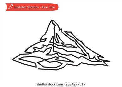 Mountains Premium Icons. Simple straight line art of Matterhorn is visible from Rothorn summit station. Swiss Alps, Valais, Switzerland. Vector illustration of Swiss Matterhorn Alps.