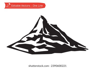 Mountains Premium Icons. Straight line art of matterhorn mountain silhouette. Swiss Alps, Valais, Switzerland. Vector illustration of Swiss Matterhorn Alps black and white.