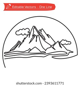 Logo Premium de las Montañas. Un plano continuo de la cordillera montañosa, nubes y ríos en un marco semicircular. Banner web con montaje en estilo lineal simple. Concepto deportivo otoñal.