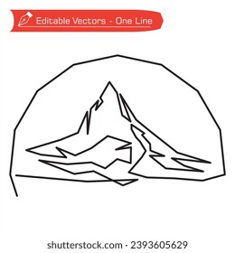 Mountains Premium Logo. One straight line art drawing of remote Matterhorn mountain in Switzerland semicircular frame. Vector illustration of Matterhorn mountain above an Alpine stream. Pennine Alps.