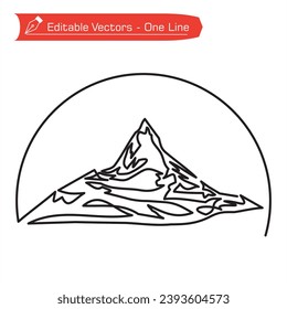 Mountains Premium Logo. Simple line drawing of remote Matterhorn mountain in Switzerland semicircular frame. Vector illustration of Matterhorn mountain above an Alpine stream. Pennine Alps icon.