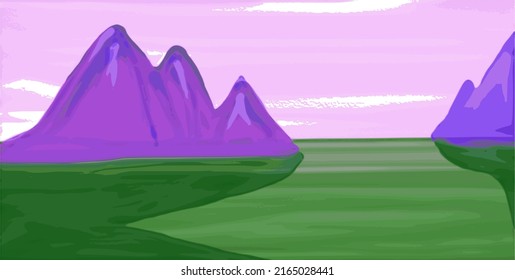 The mountains are purple, against the background of the scarlet sky and green grass, for website design and printing
