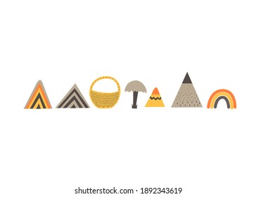 Mountains and rainbow in scandinavian style. Hand drawing vector illustration.