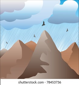 In mountains it is raining. Vector illustration.