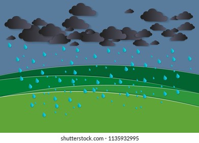 Mountains, Rainy landscape and  banner background paper art style
