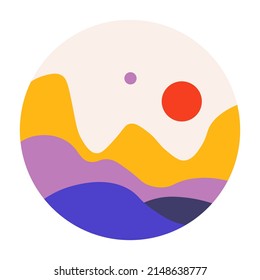 Mountains range and hills, nature view. Wilderness landscape and pristine countryside area. Valley or meadow with sunshine. Tranquil location for traveling and rest on vacation. Vector in flat style