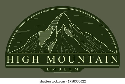 Mountains range linear vector emblem on dark, line art drawing of mountain peaks wilderness wanderlust logo, beautiful nature landscape.