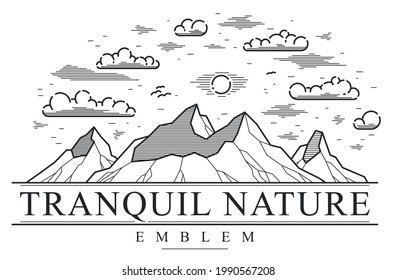 Mountains range linear vector emblem isolated on white, line art drawing of mountain peaks wilderness wanderlust logo, beautiful nature landscape badge.