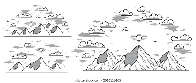 Mountains range linear vector illustration isolated on white, line art drawing of mountain peaks wilderness wanderlust theme, beautiful nature landscape.