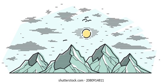 Mountains range linear vector illustration isolated on white, line art drawing of mountain peaks wilderness wanderlust theme, beautiful nature landscape.
