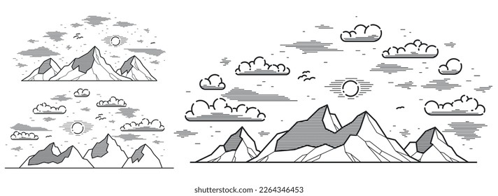 Mountains range linear vector illustration isolated on white, line art drawing of mountain peaks wilderness wanderlust theme, beautiful nature landscape.