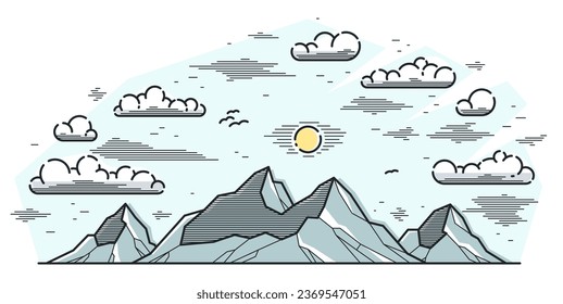 Mountains range linear vector illustration isolated on white, line art drawing of mountain peaks wilderness wanderlust theme, beautiful nature landscape.