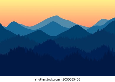 Mountains Range Morning Or Evening Landscape With Fog And Forest. Sunrise And Sunset In Mountain Rocks Vector Horizontal Eps Illustration