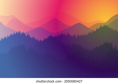 Mountains Range Morning Or Evening Landscape With Fog And Forest. Sunrise And Sunset Play Of Colors And Light In Mountain Rocks Vector Horizontal Eps Illustration