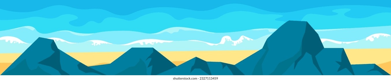 Mountains range with peaks and beach, tropical landscape with panoramic seascapes and summits. Ocean or sea summer water and nature. Wilderness and natural paradise. Vector in flat style illustration