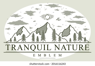 Mountains range and pine forest linear vector emblem isolated on white, line art drawing of mountain peaks wilderness wanderlust logo, beautiful nature landscape.